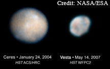 Two of the largest members of the asteroid belt, Ceres (left) and Vesta (right).