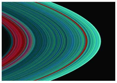 From the inside out, the "Cassini division" in faint red at left is followed by the A ring in its entirety. The A ring begins with a "dirty" interior of red followed by a general pattern of more turquoise further away from the planet, which indicates material made with more ice. The red band roughly three-fourths of the way outward in the A ring is known as the Encke gap.