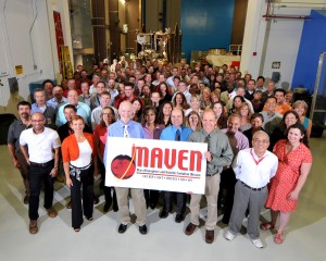 Members of the MAVEN team gathered in front of the integrated spacecraft and the Reverberant Acoustics Laboratory (RAL) at Lockheed Martin. (Courtesy Gary Napier/Lockheed Martin)