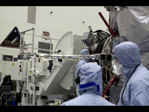In this image, the MAVEN Solar Wind Electron Analyzer undergoes final deployment in late September 2013 in preparation for launch on November 18. (Courtesy NASA/KSC)