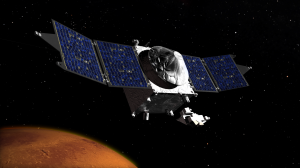 An artist's rendition shows the MAVEN spacecraft in orbit around Mars. (Courtesy NASA/GSFC)
