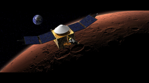 This artist's concept shows the MAVEN spacecraft in orbit around the Red Planet, with a fanciful image of her home planet in the background. (Courtesy NASA/GSFC)