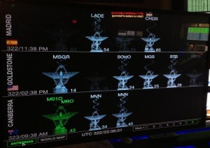 Monitors at NASA's Jet Propulsion Laboratory display the first confirmation of MAVEN telemetry received by the Deep Space Network in Canberra, Australia (shown here as "MVN"). (Courtesy NASA/JPL)