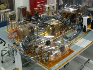 The instruments that comprise the MAVEN Particles and Fields Package are prepared for an end-to-end test at the University of California Berkeley Space Sciences Laboratory prior to shipment and integration onto the spacecraft. (Courtesy UCB/SSL)