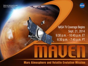 After a 10-month, 442-million-mile journey, the MAVEN spacecraft is set to enter Martian orbit at approximately 9:50 p.m. EDT on Sunday, Sept. 21. NASA TV coverage begins at 9:30 p.m. and will be streamed live online. (Courtesy NASA/JPL) 