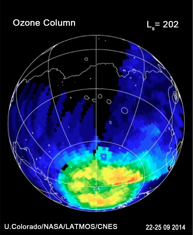 The geographical distribution of ozone in the southern hemisphere of Mars, imaged by MAVEN’s Imaging Ultraviolet Spectrograph. On Mars, ozone is primarily destroyed by the combined action of water vapor and sunlight. The cold, dark conditions near the pole allow ozone to accumulate there. (Courtesy University of Colorado; NASA; LATMOS/CNES)