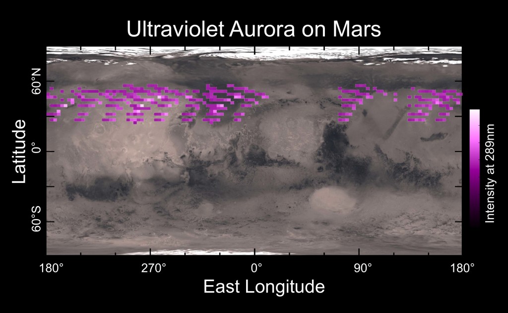 Shown here is a map of the MAVEN Imaging Ultraviolet Spectrograph's auroral detections in December 2014 overlaid on Mars’ surface. The map shows that the aurora was widespread in the northern hemisphere, not tied to any geographic location. The aurora was detected in all observations during a 5-day period, though no data were taken in the southern hemisphere and some regions in the northern hemisphere were missed. (Courtesy CU/LASP)