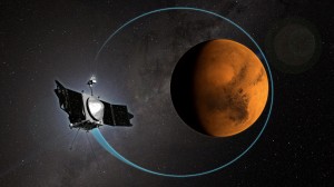 This is a depiction of MAVEN orbiting Mars.