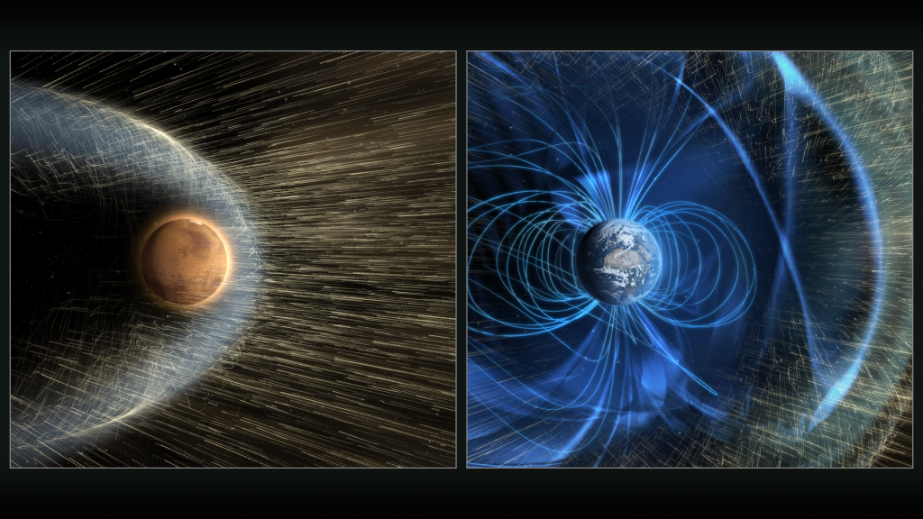 In this artist's concept, the solar wind interacts with Mars' upper atmosphere, but is deflected past Earth by a global magnetic field. (Courtesy NASA/GSFC)