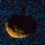Phobos as observed by MAVEN's Imaging Ultraviolet Spectrograph. Orange shows mid-ultraviolet (MUV) sunlight reflected from the surface of Phobos, exposing the moon's irregular shape and many craters. Blue shows far ultraviolet light detected at 121.6 nm, which is scattered off of hydrogen gas in the extended upper atmosphere of Mars. Phobos, observed here at a range of 300km, blocks this light, eclipsing the ultraviolet sky. On the dayside of Phobos, some bright blue pixels indicate that the moon is reflecting far-UV light, which will allow for the first time a measurement of Phobos' reflectivity at this wavelength, adding to an extremely limited database of measured far-UV reflectivity of small bodies in the solar system. (Courtesy CU/LASP and NASA) 