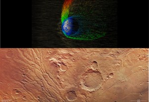 (Top) ionized oxygen atoms in the upper atmosphere are accelerated away from Mars by electromagnetic forces in the solar wind (colors represent their energy: blue is low, red is high). (Courtesy NASA/GSFC)—(Bottom) Ancient water-carved features on the Martian surface tell a story of a wetter past and hence a thicker atmosphere. (Courtesy ESA/DLR/FU Berlin)