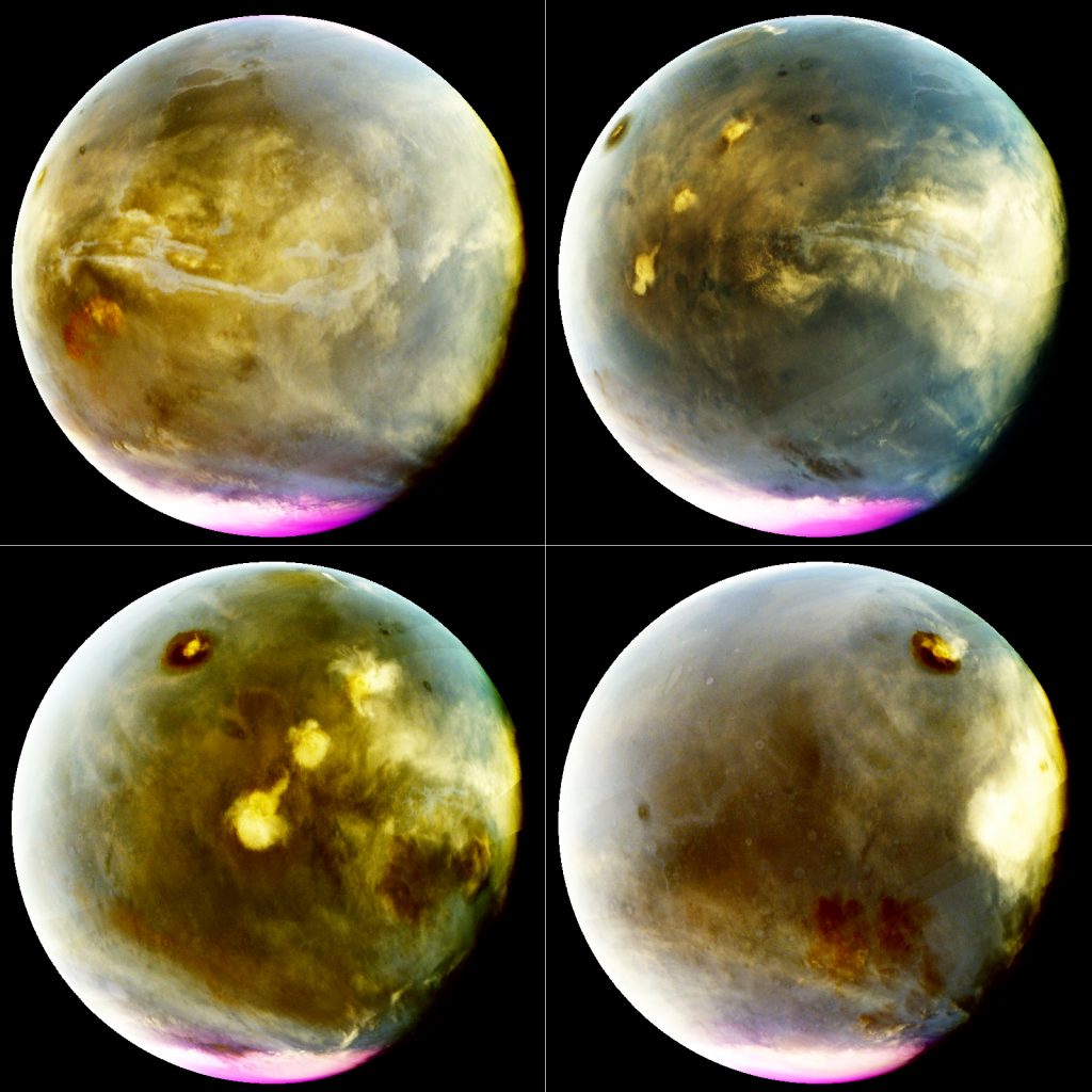 MAVEN's Imaging UltraViolet Spectrograph obtained these images of rapid cloud formation on Mars from July 9-10, 2016. The ultraviolet colors of the planet have been rendered in false color, to show what we would see with ultraviolet-sensitive eyes. The series interleaves MAVEN images to show about 7 hours of Mars rotation during this period, just over a quarter of Mars' day. The left part of the planet in morning and the right side in afternoon. Mars’ prominent volcanoes, topped with white clouds, can be seen moving across the disk. Mars’ tallest volcano, Olympus Mons, appears as a prominent dark region near the top of the images, with a small white cloud at the summit that grows during the day. Olympus Mons appears dark because the volcano rises up above much of the hazy atmosphere which makes the rest of the planet appear lighter. Three more volcanoes appear in a diagonal row, with their cloud cover merging to span up to a thousand miles by the end of the day. These images are particularly interesting because they show how rapidly and extensively the clouds topping the volcanoes form in the afternoon. Similar processes occur at Earth, with the flow of winds over mountains creating clouds. Afternoon cloud formation is a common occurrence in the American West, especially during the summer. (Courtesy LASP/MAVEN-IUVS) 