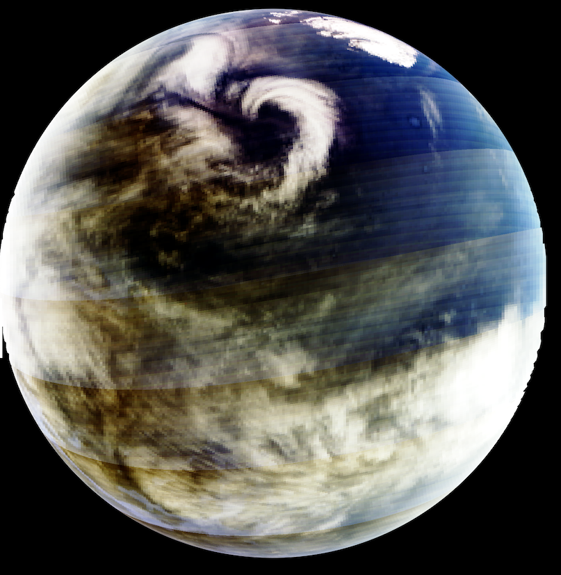 An image of Mars taken by the IUVS instrument on MAVEN. At the bottom and top of Mars, there are white swirling clouds, showing how dynamic Mars’ weather can be. The planet is tinted blue and green due to the mid-ultraviolet image being scaled to visible wavelengths.