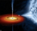 an artist's rendition of Scorpius X-1. The blue star (left) is orbiting the neutron star, which is pulling material from the blue star via a accretion disk (left)