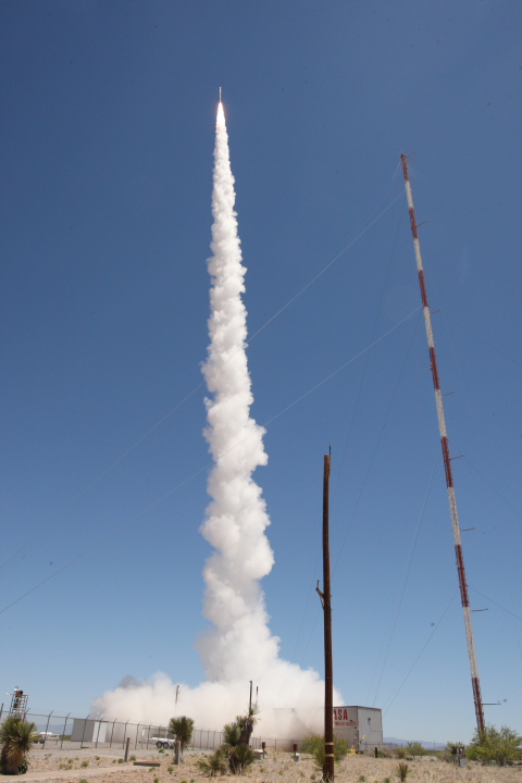 Led by LASP scientists, a sounding rocket used to calibrate the SDO EVE instrument launches from the White Sands Missile Range in New Mexico. (Courtesy LASP)