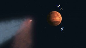 Depicted in this artist’s concept is Comet Siding Spring approaching Mars, with NASA’s orbiters preparing to make science observations of this unique encounter. (Courtesy NASA/JPL)