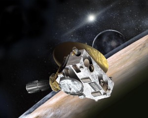 The New Horizons spacecraft and the LASP-built Student Dust Counter are depicted during the July 14, 2015 closest approach to the Pluto system in this artist's representation. (Courtesy NASA)