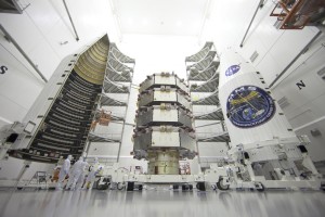 NASA's Magnetospheric Multiscale (MMS) observatories are shown here in a clean room at Kennedy Space Center. The four spacecraft are being processed for a March 12, 2015 launch from Space Launch Complex 41 on Cape Canaveral Air Force Station, Florida. (Courtesy NASA/Ben Smegelsky)