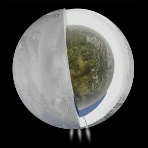 Measurements from NASA's Cassini spacecraft suggest that Saturn's moon Enceladus, which has jets of water vapor and ice gushing from its south pole, also harbors a large interior ocean with hydrothermal activity beneath an ice shell, as this illustration depicts. (Courtesy NASA/JPL-Caltech)
