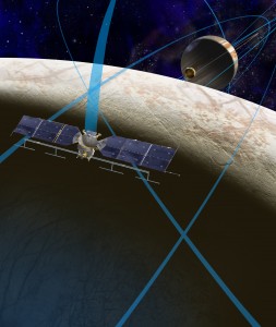 This artist's rendering shows a concept for the proposed NASA mission to Europa, in which a spacecraft would make multiple close flybys of the icy Jovian moon, thought to contain a potentially habitable global subsurface ocean. (Courtesy NASA/JPL-Caltech)
