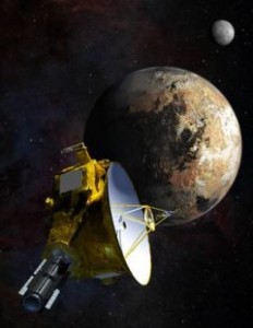 New Horizons spacecraft in this artists' rendition is approaching Pluto and its moon, Charon.