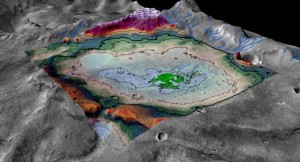 A perspective rendering of the Martian chloride deposit and surrounding terrain. (Courtesy LASP/Brian Hynek)
