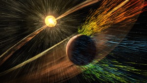 An artist’s rendition depicts a solar storm hitting Mars and stripping ions from the upper atmosphere. (Courtesy NASA GSFC)