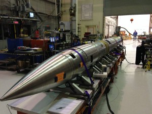 The Colorado High-resolution Echelle Stellar Spectrograph, or CHESS, sounding rocket is prepped for its six-minute flight to observe far beyond our solar system—to peer at a place where new stars are born. (Courtesy NASA/WSMR)