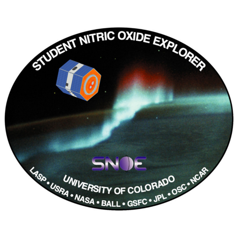SNOE mission logo. The logo has an graphic of the SNOE spacecraft floating over an aurora. Text on the logo says: Student Nitric Oxide Explorer, University of Colorado