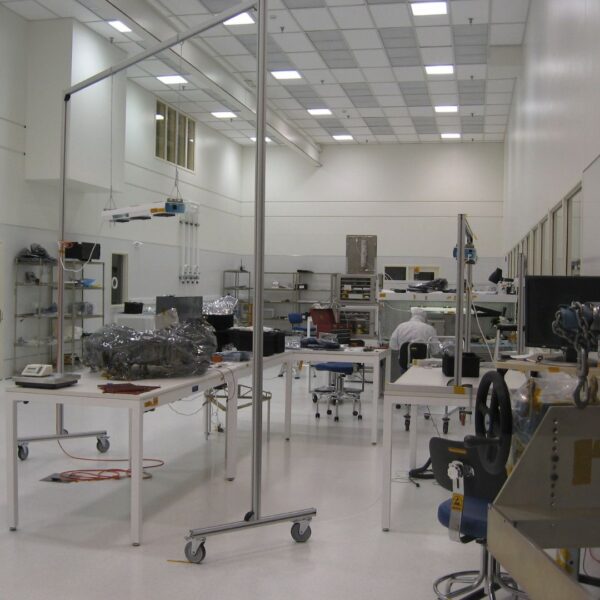 LASP's High Bay clean room is intentionally a white, sterile-looking room where instruments and spacecraft are assembled.