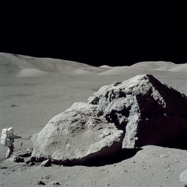 Planetary geologist and NASA astronaut Harrison “Jack” Schmitt collecting lunar samples during the Apollo 17 mission