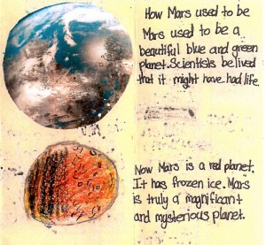 A drawing of how Mars might have looked in the past and how it looks today.