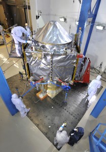 NASA’s MAVEN spacecraft undergoes acoustics testing on Feb. 13, 2013 at Lockheed Martin Space Systems’ Reverberant Acoustic Laboratory. The environmental test simulates the maximum sound and vibration levels the spacecraft will experience during launch. MAVEN is the next mission to Mars and will be the first mission devoted to understanding the Martian upper atmosphere. (Image courtesy: Lockheed Martin)