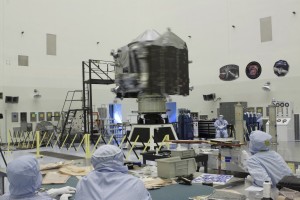 Inside the Payload Hazardous Servicing Facility at NASA's Kennedy Space Center in Florida, engineers and technicians perform a spin test of the MAVEN spacecraft. The operation is designed to verify that MAVEN is properly balanced as it spins during the initial mission activities. (Courtesy NASA)