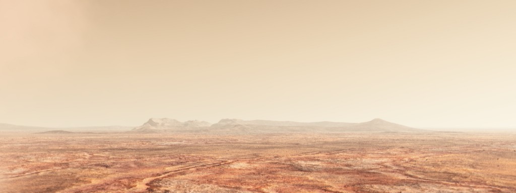 This is an artist's concept of present-day Mars -- a barren, cold, desert world. (Courtesy: Michael Lentz/NASA/GSFC)