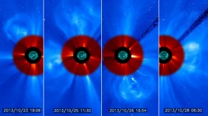 A few of the many coronal mass ejection released by the sun over the past week. (Courtesy: ESA &NASA/SOHO)