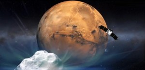 This image shows an artist concept of MAVEN orbiting Mars in preparation for the Comet Siding Spring closest approach to the Red Planet on Oct. 19, 2014. (Courtesy NASA)