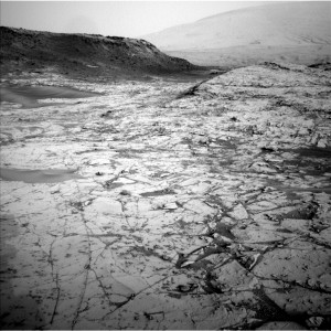 The first demonstration of MAVEN's capability to relay data from a Mars surface mission, on Nov. 6, 2014, included this and other images from NASA's Curiosity Mars rover. The image was taken Oct. 23, 2014, by Curiosity's Navigation Camera, showing part of "Pahrump Hills" outcrop. (Courtesy NASA/JPL-Caltech)