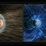 In this artist’s concept, the solar wind interacts with Mars’ upper atmosphere, but is deflected past Earth by a global magnetic field. (Courtesy NASA/GSFC) 