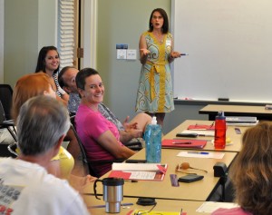 LASP Education Coordinator Erin Wood leads the discussion at the SORCE solar summit for teachers. (Photo credit: Marty Snow)