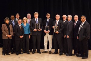 The CU Board of Regents pose with three distinguished professor recipients. (Courtesy Jeff Foster/University of Colorado Colorado Springs) 