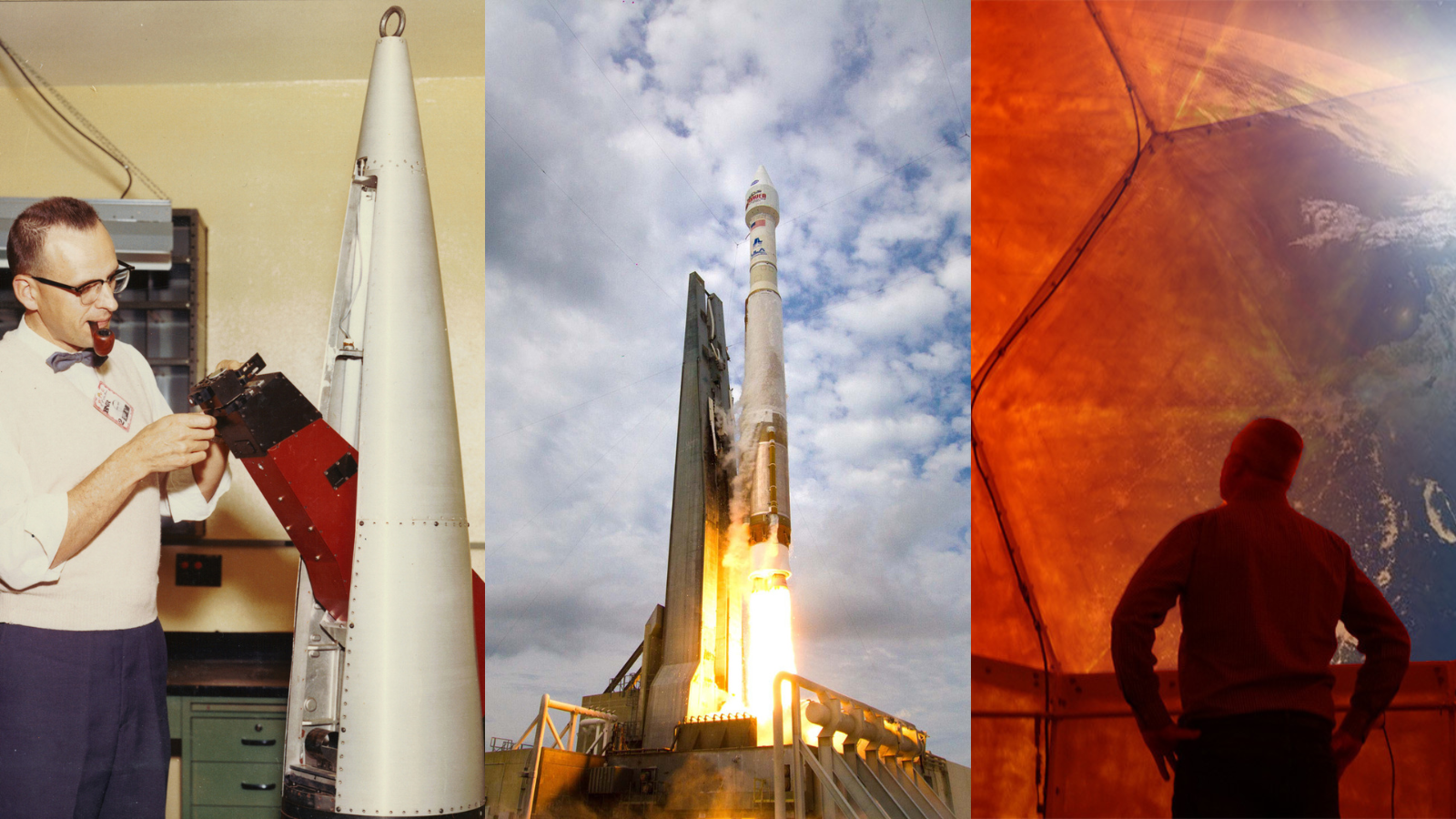 A banner of images celebrating LASP's 75th anniversary. From left to right: a historical photo of a main smoking a pipe working on space hardware in a lab; NASA's MAVEN rocket launching from Kennedy Space Center; and a person inside the radome, which hosts antenna on the roof of LASP's main building. Image credits: LASP/CU Boulder/ Casey Cass and LASP/CU Boulder Ryan Vachon