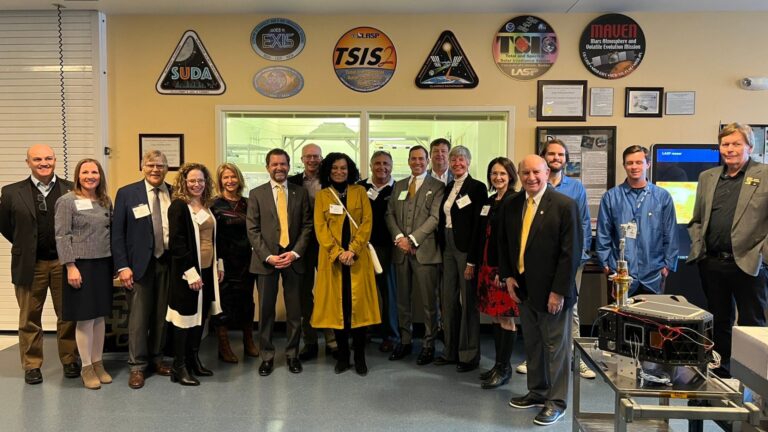 The University of Colorado Board of Regents and members of CU leadership recently toured CU Boulder’s Laboratory for Atmospheric and Space Physics (LASP), learning about the lab’s 75-year history and upcoming work. Credit: CU Boulder