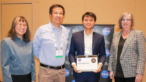 A team of researchers from the Laboratory for Atmospheric and Space Physics (LASP) at the University of Colorado Boulder, including Xu Wang (second from left), and the Colorado School of Mines was named a winner in the 2023 NASA Entrepreneurs Challenge funded by NASA’s Science Mission Directorate. Pictured from left to right: Florence Tan, Chair of the NASA Small Spacecraft Coordination Group (SSCG) and Deputy Chief Technologist for NASA SMD; Dr. Xu Wang, Co-founder of Space Dust Research & Technologies and Research Scientist at LASP; Kenneth Liang, Co-founder of Orbital Mining Corp. and graduate student at Mines; Dr. Carolyn Mercer, Chief Technologist for NASA SMD. Credit: NASA