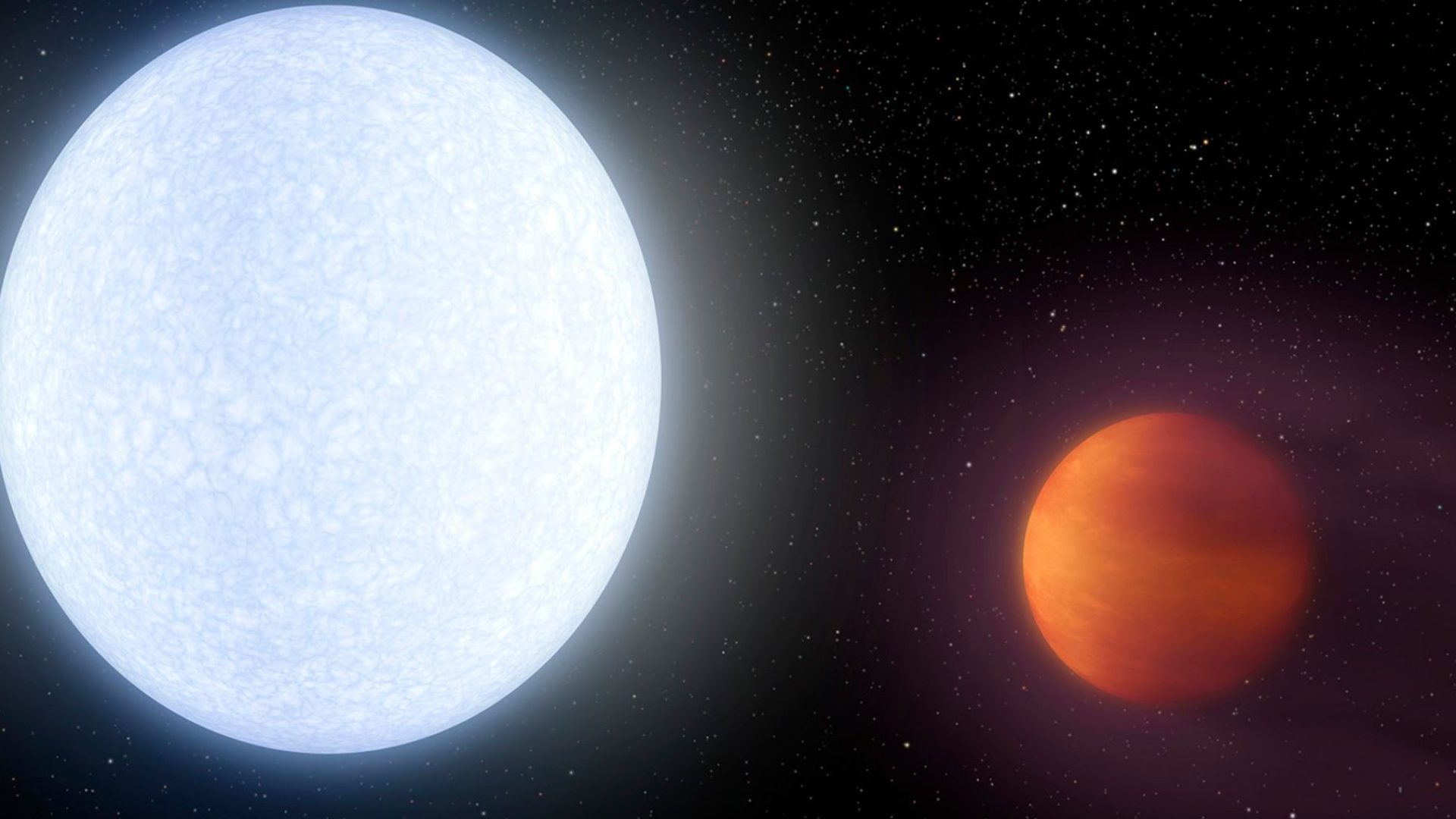 Artist's depiction of the exoplanet KELT-9b, a "hot Jupiter," which sits in a stellar system about 670 light years from our own, has a mass nearly three times larger than Jupiter’s, but also orbits much closer to its home star—so close that temperatures on the planet hit a mind-boggling 7,800 degrees Fahrenheit. Credit: NASA/JPL-Caltech