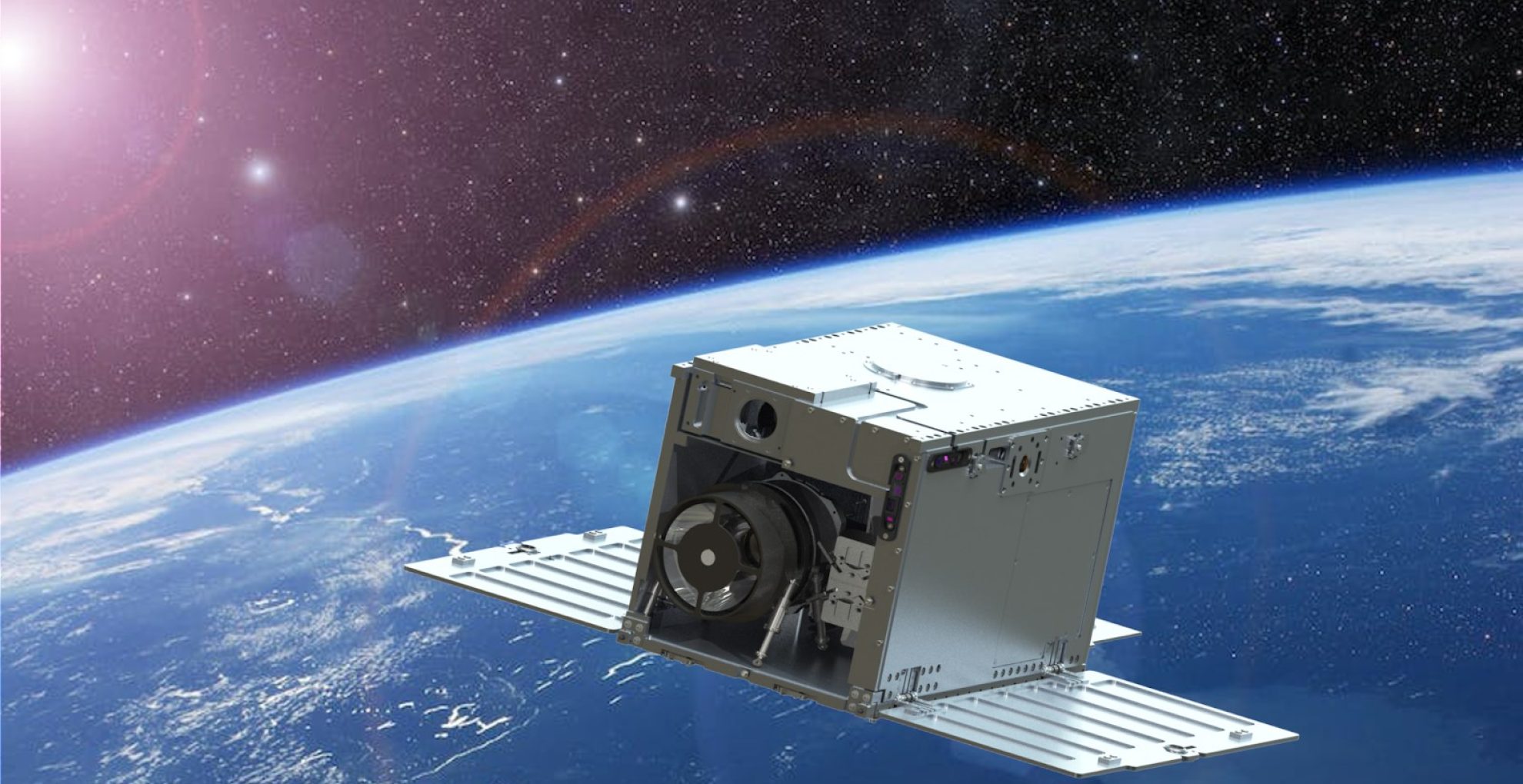 Artist's rendering of the MANTIS CubeSat, which will be about the size of a toaster oven, orbiting Earth. (Credit: Dana Chafetz)